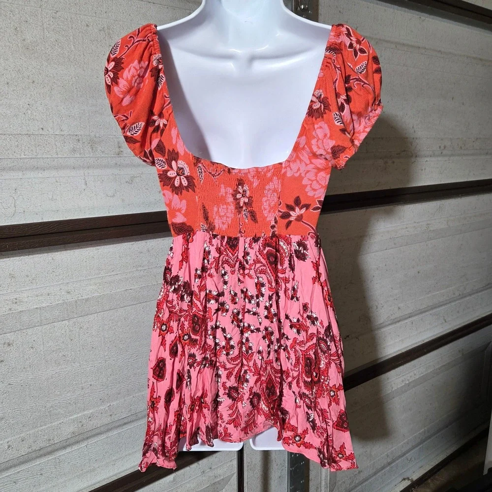 Free People Floral Babydoll Top Pink Orange Y2K Fairycore Handkerchief Hem Small